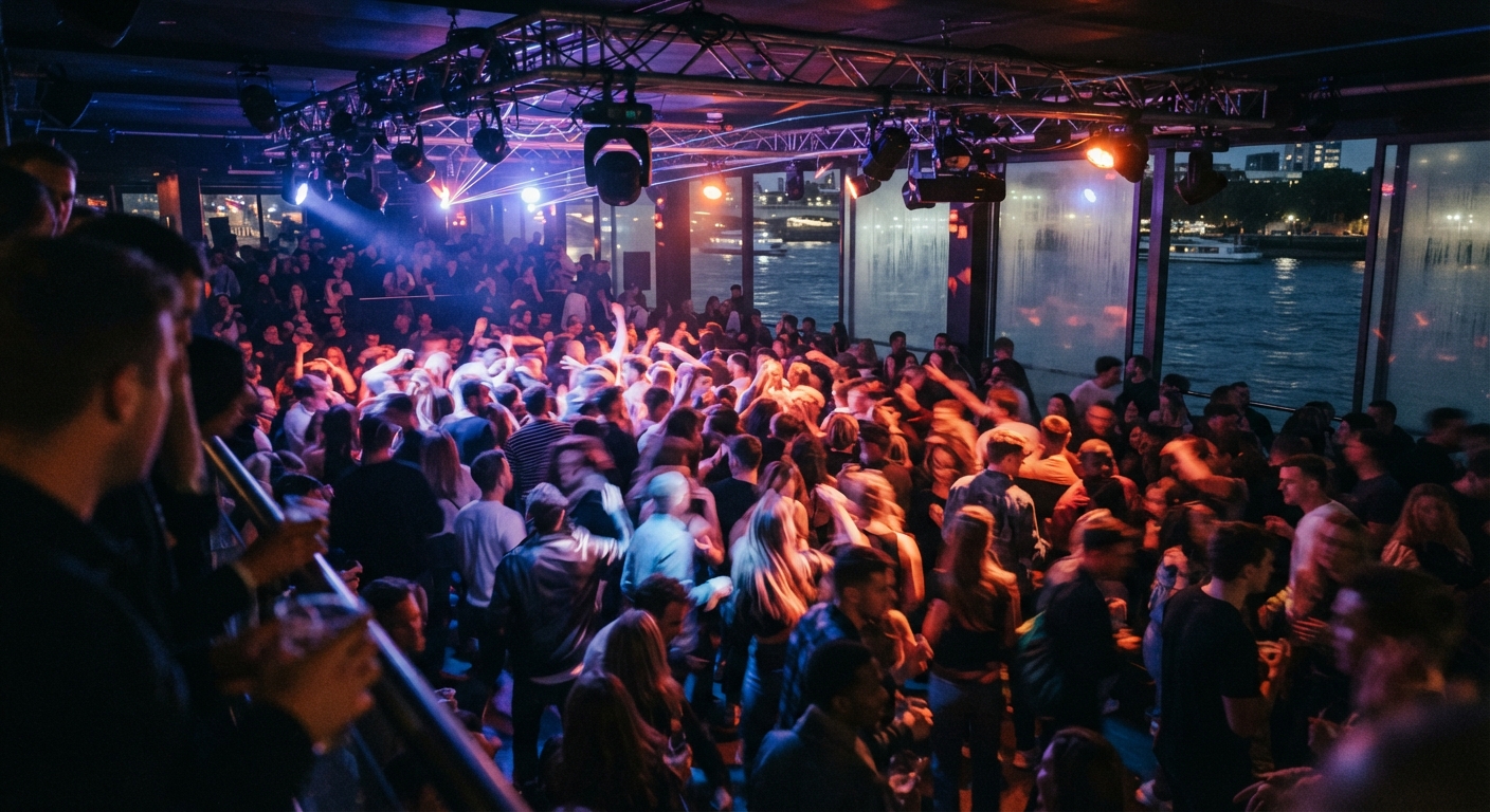 A busy nightclub floor photographed from above the crowd, coloured lighting rigs, motion in the dancers